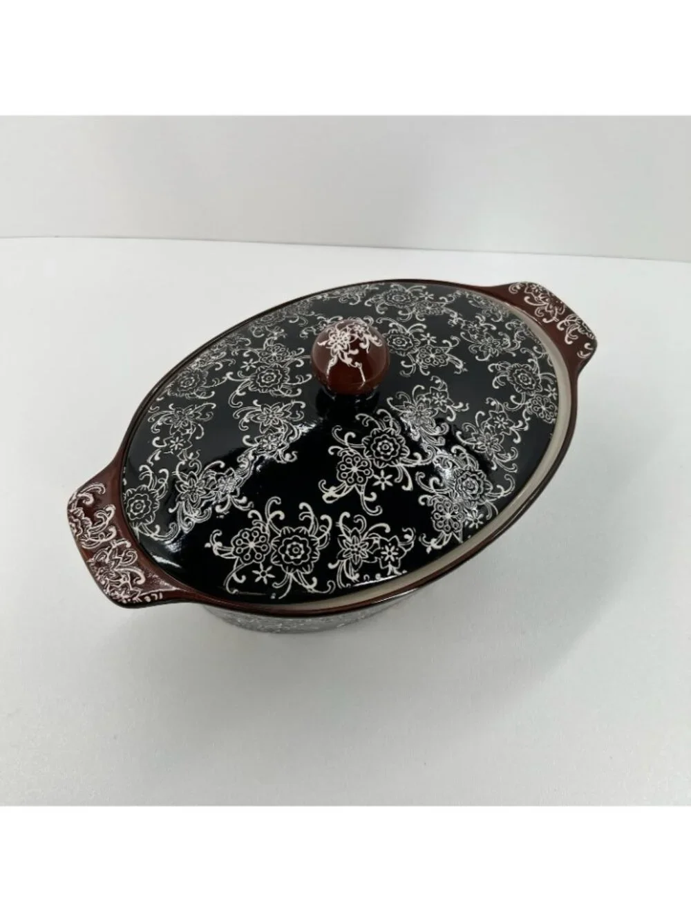 Blue Harbor Rare Ceramic Oval Casserole Dish Covered Baker Lid Oven Safe Black